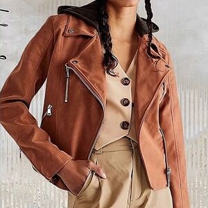 Free People Harriett Tan Leather Jacket with Hood, Size M, NWT